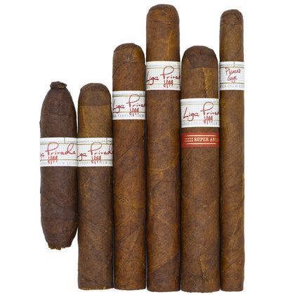 Set of cigars with Liga Privada labels on a white background