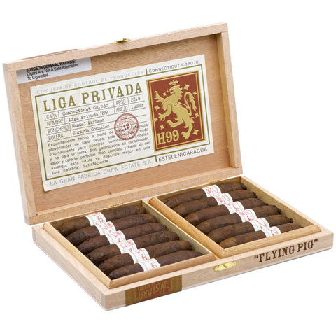Open wooden box of Liga Privada cigars with visible branding on a white background