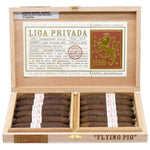 Open wooden cigar box with cigars and Liga Privada label on a white background