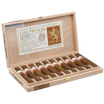Open wooden humidor with cigars and Liga Privada label on a white background